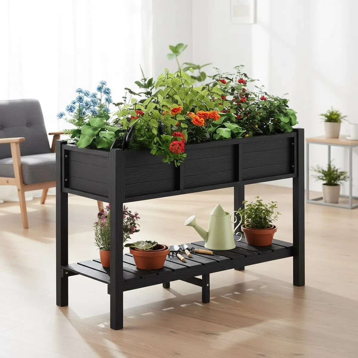 Garden Storage Box - Bac de plantation surélevé, grand, noir,